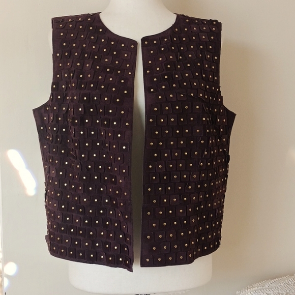 Worth sleeveless vest genuine leather suede Outerwear round neck cropped brown M - Picture 1 of 11